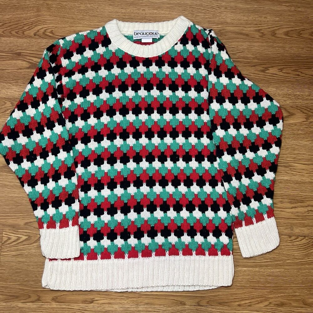 Vtg 90s Beaucoup Geometric Knit Pullover Colorful Sweater Women’s Sz L USA Made